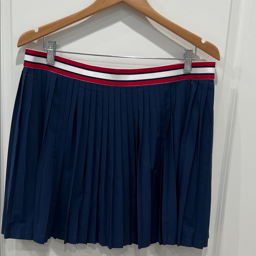 Lilly Pulitzer Navy Pleated Skater Skirt with Red and White Striped Waistband
